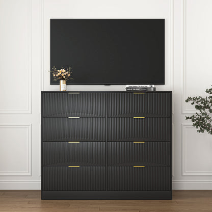 Modern 8 Drawers Dresser Chests For Bedroom,47.2 Wide Wood Chest Of Drawers With Gold Metal Handle,Drawer Organizer For Bedroom,Living Room,Hallway And Entryway,Black