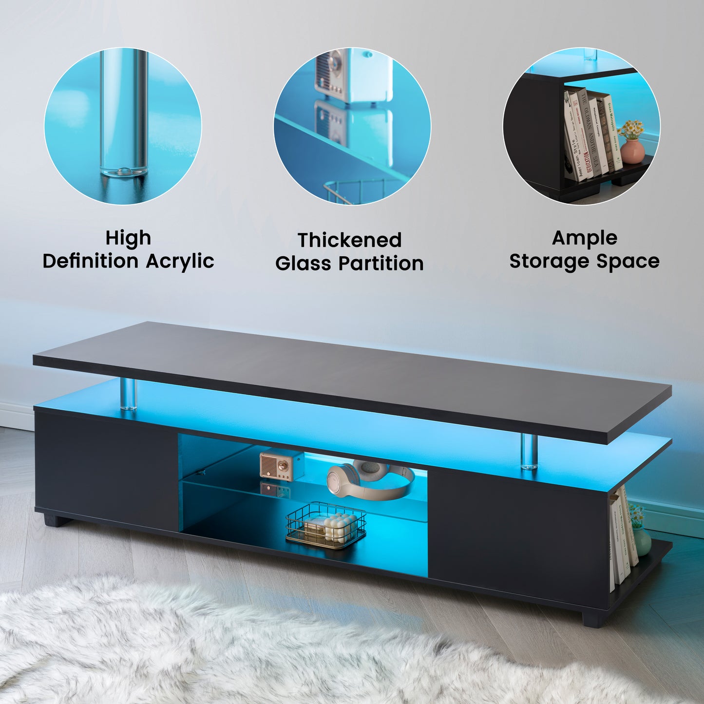 TV Stand For 70 Inch TV LED Gaming Entertainment Center Media Storage Console Table With Large Side Cabinet For Living Room Black