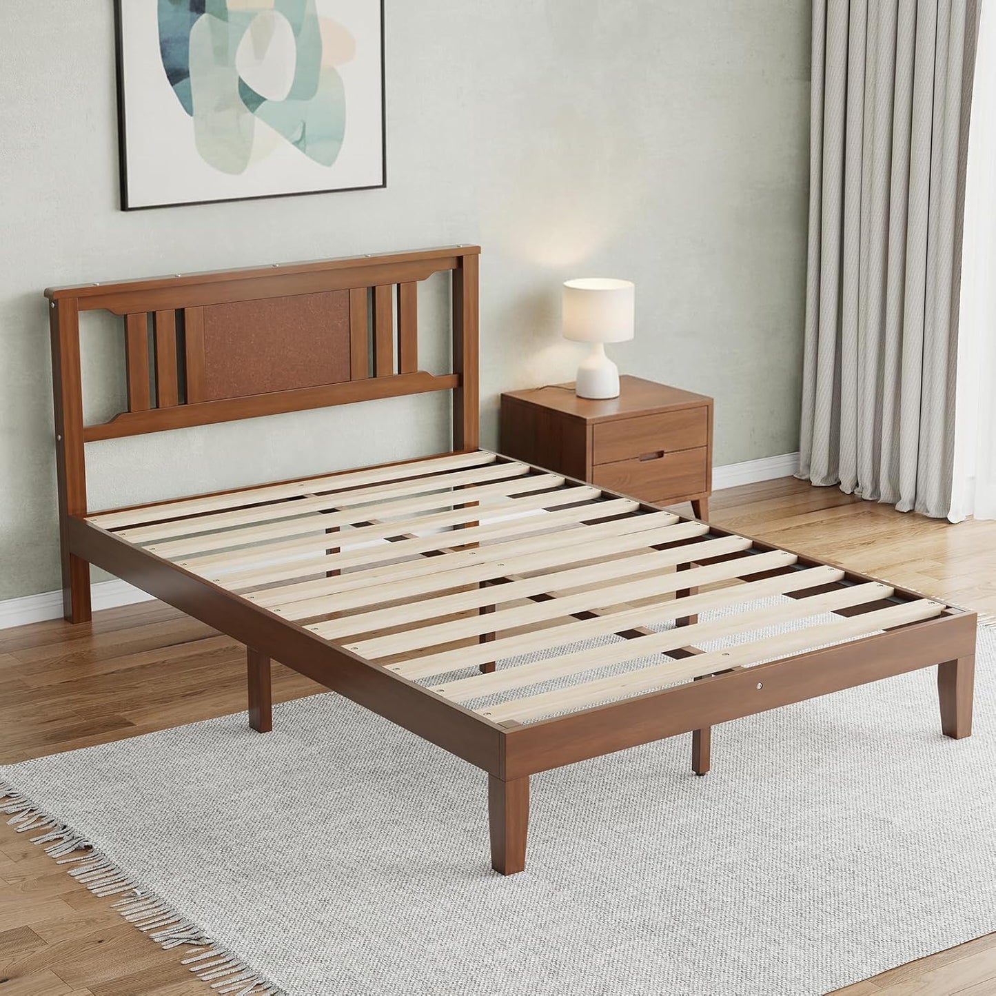 Solid Wooden Bed Frame With Headboard, Sturdy Wooden Crossbars For Support, Heavy Pine Bedroom Bed Frame