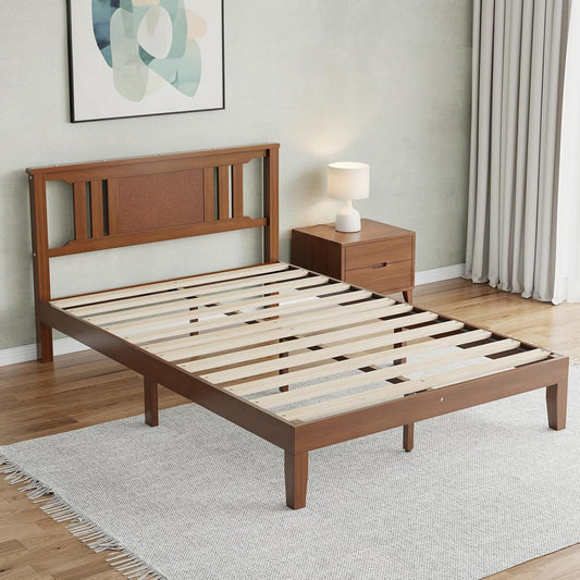 Solid Wooden Bed Frame With Headboard, Sturdy Wooden Crossbars For Support, Heavy Pine Bedroom Bed Frame