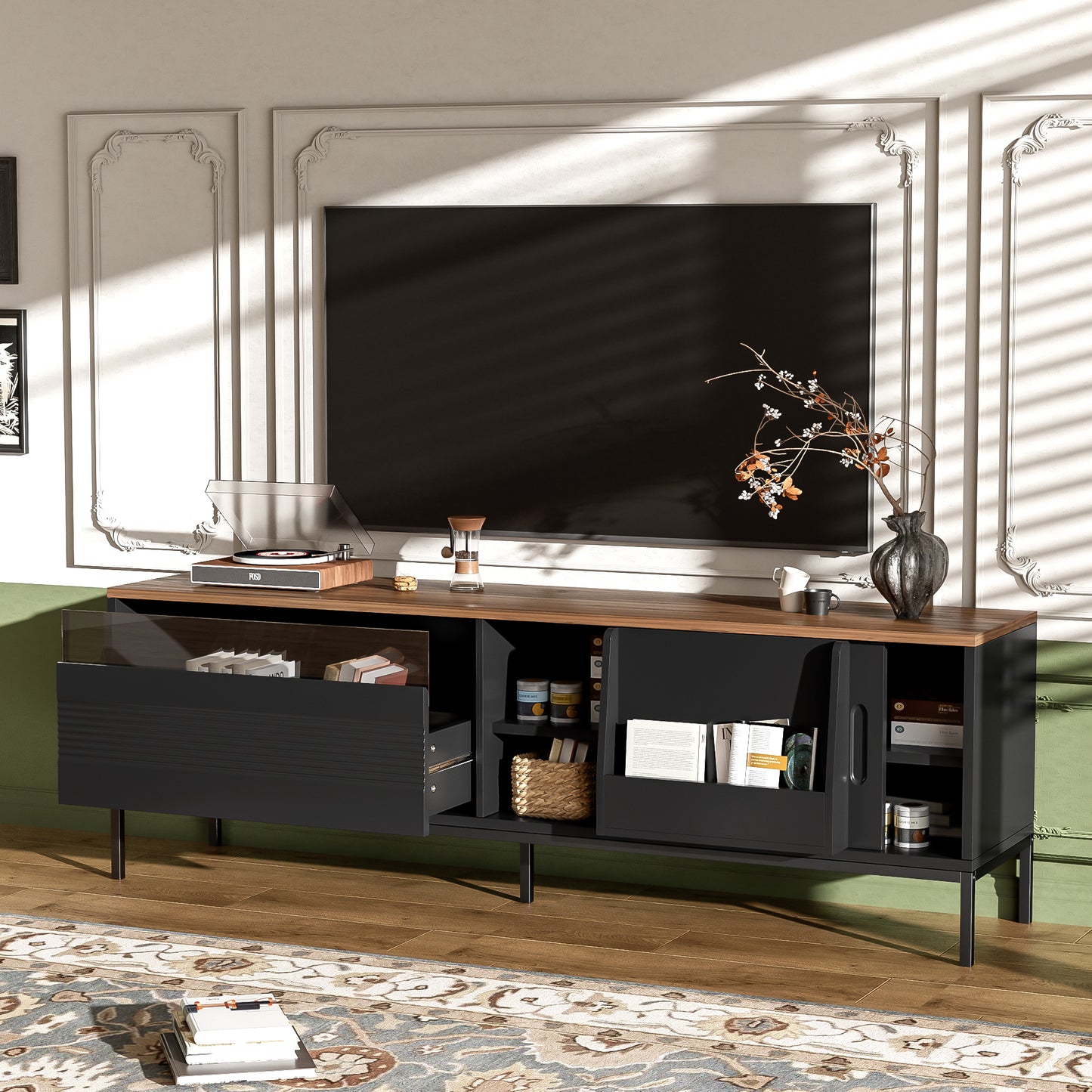 U-Can 70.8'' Modern TV Stand For TVs Up To 75 Inches, Entertainment Center With Storage Space, Sliding Doors, Adjustable Shelves And Metal Frame, Mid Century Modern Media TV Console Table For Living R