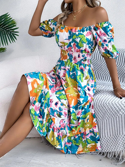 Ruffled Hem Smocked Floral Short Sleeve Midi Dress