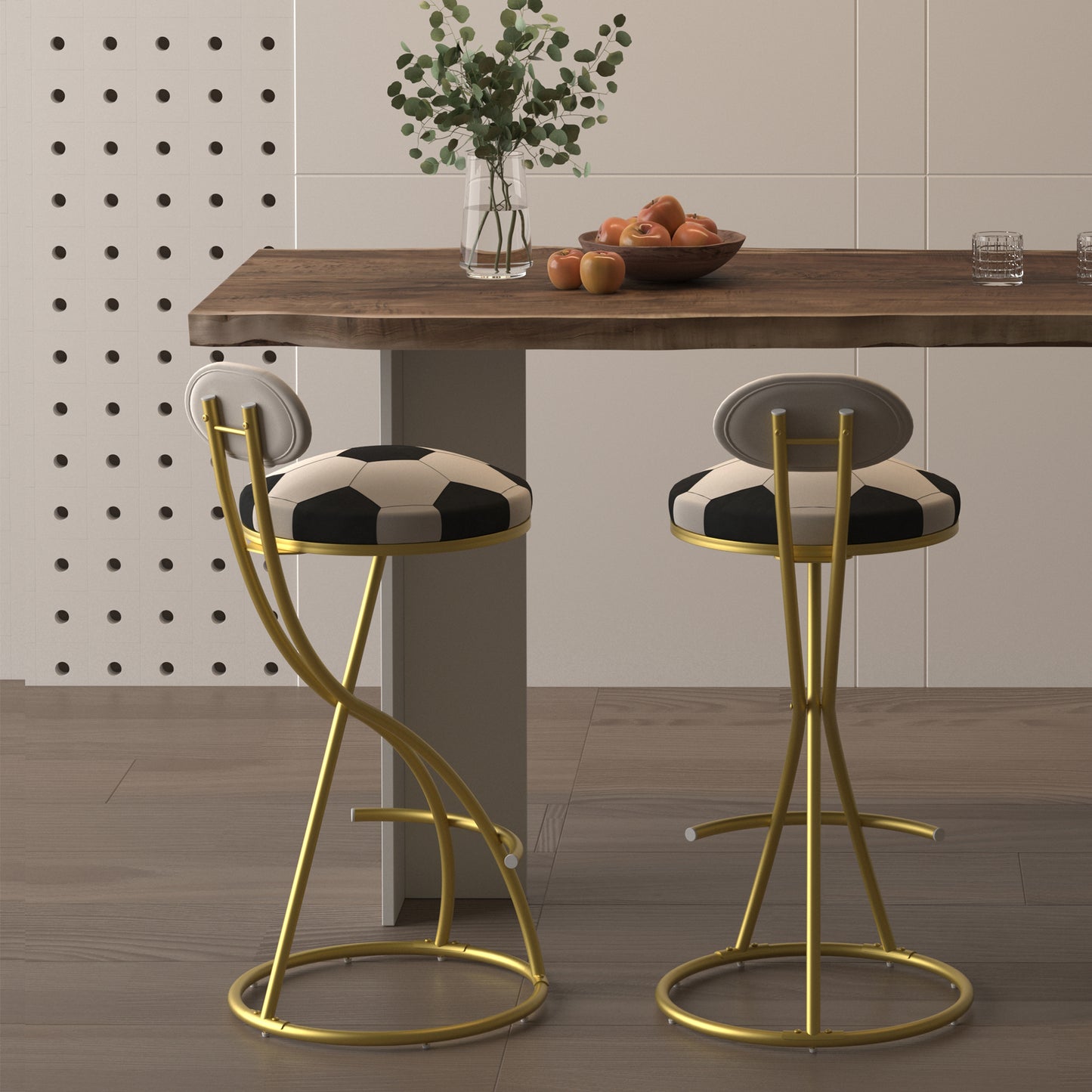 Football Print Bar Stools Set Of 2 Upholstered Counter Height Barstool For Kitchen Island S-shaped Velvet Metal Dining Chairs Gold Frame  Creamy White Back