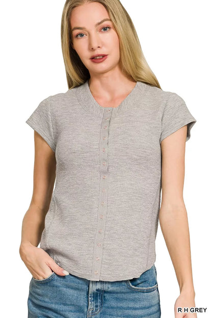 Zenana Double Knit Snap Button Short Sleeve Shirt