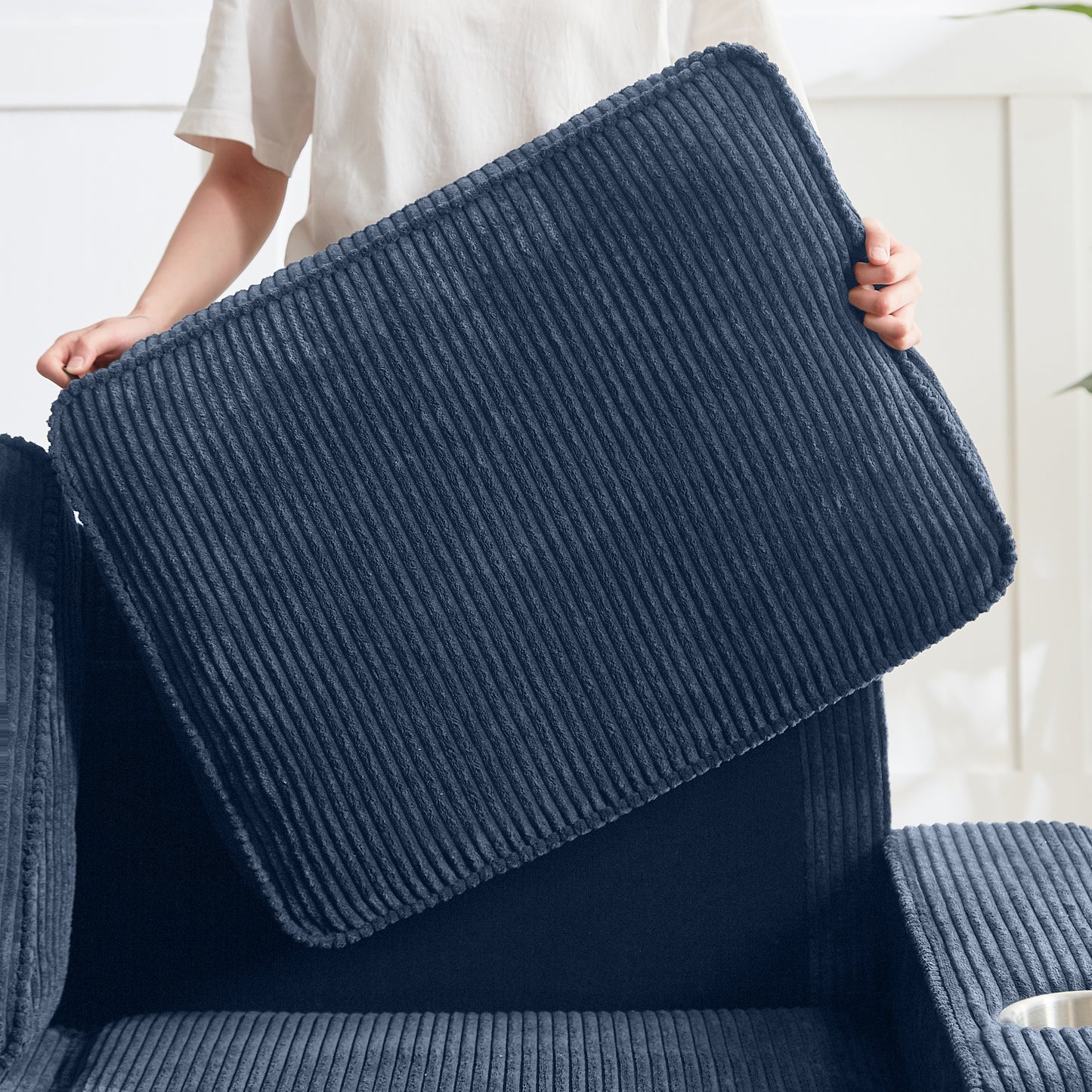83.86 Corduroy Fabric Sofa,Modern Compressed Couch,3-Seater Sofa, Furniture For Living Room,Bedroom,office ,Blue