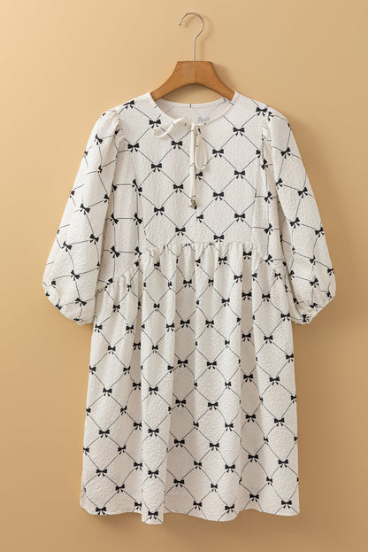 Bow Print Tie Neck Half Sleeve Dress