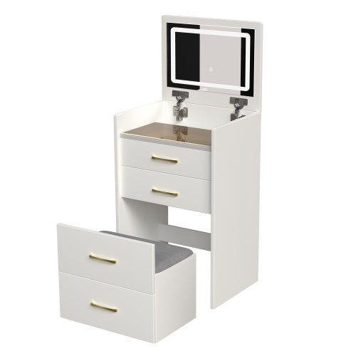 3 In 1 Vanity Desk With Open Top Mirror,Small Make Up Vanity Set With Visible Glass Desktop,Compact Makeup Vanity With 3 Drawers,Dressing Table For Bedroom