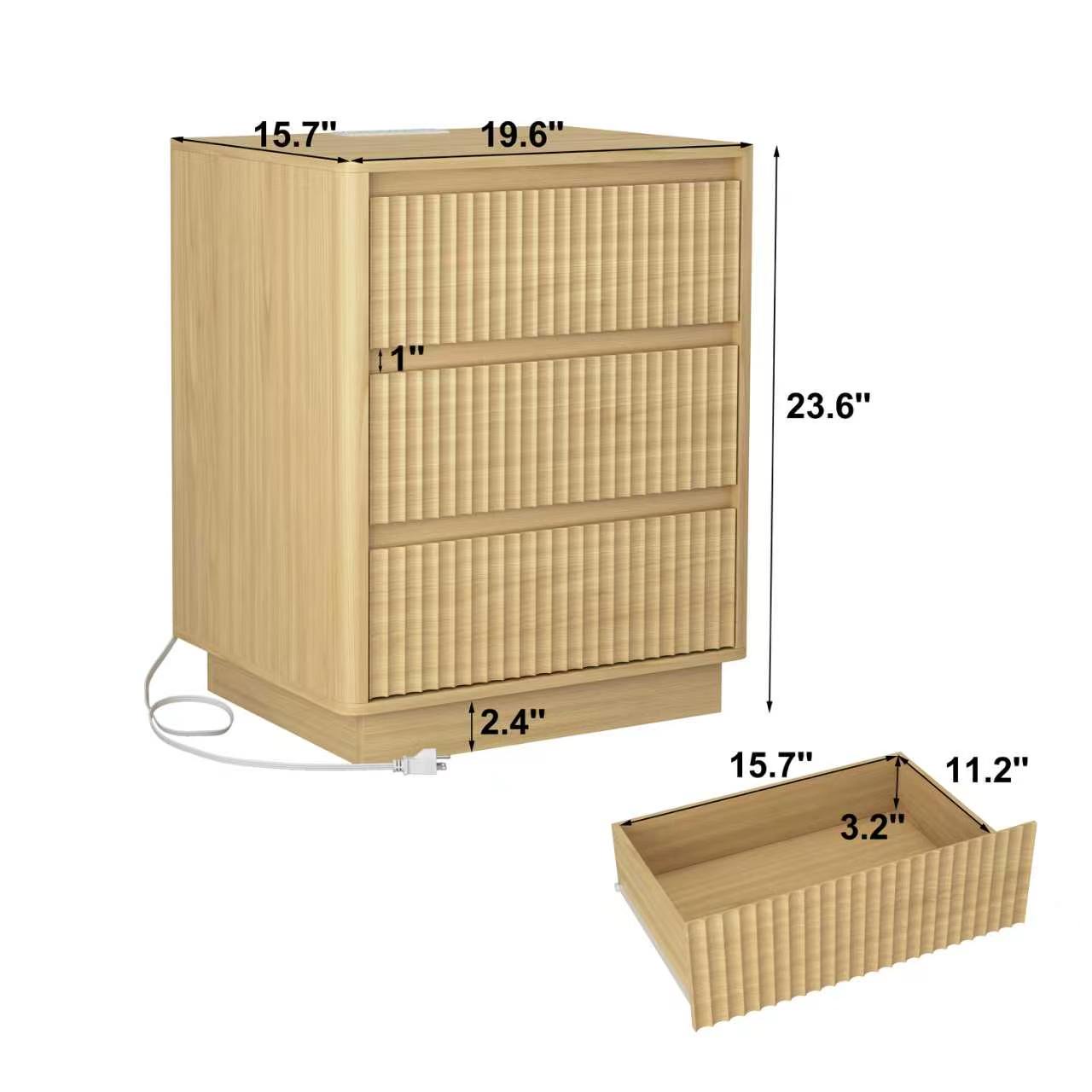 Set Of 2 End Table With Fast USB C Charging Station, Sofa Side Table With 3Drawers, Large Storage Modern Wood Storage Cabinet For Living Room,Bedroom,Office, Natura