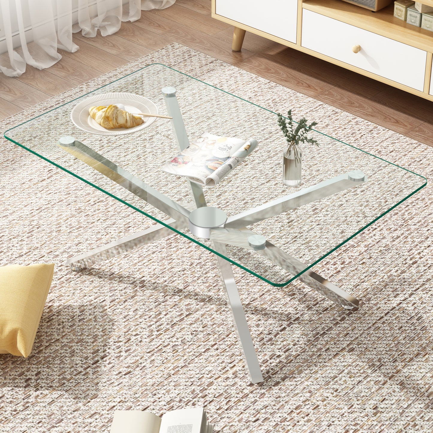 39.37  Rectangular Clear Tempered Glass Coffee Table,Stylish Design With Silver Metal Legs, Coffee Table For Living Room