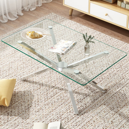 39.37  Rectangular Clear Tempered Glass Coffee Table,Stylish Design With Silver Metal Legs, Coffee Table For Living Room
