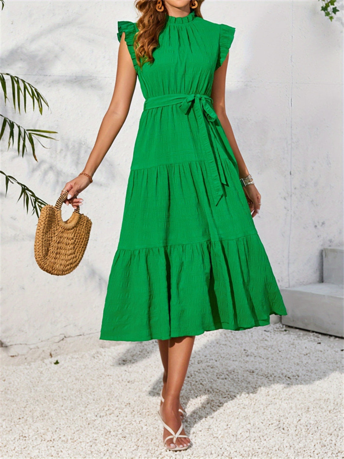 Frill Mock Neck Ruffled Cap Sleeve Midi Dress