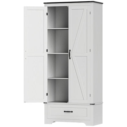 72" Farmhouse Pantry Cabinet with Adjustable Shelves, Kitchen Pantry Cabinet with 2 Doors, Distressed White