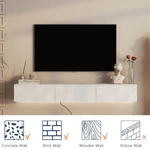 Floating TV Stand Wall Mounted With 16 Color LEDs,Modern TV Stand, Floating TV Cabinet Entertainment Center For 55 60 65 Inch TV,White