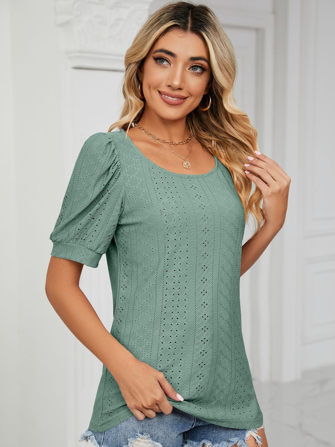 Ruched Notched Long Sleeve T-Shirt