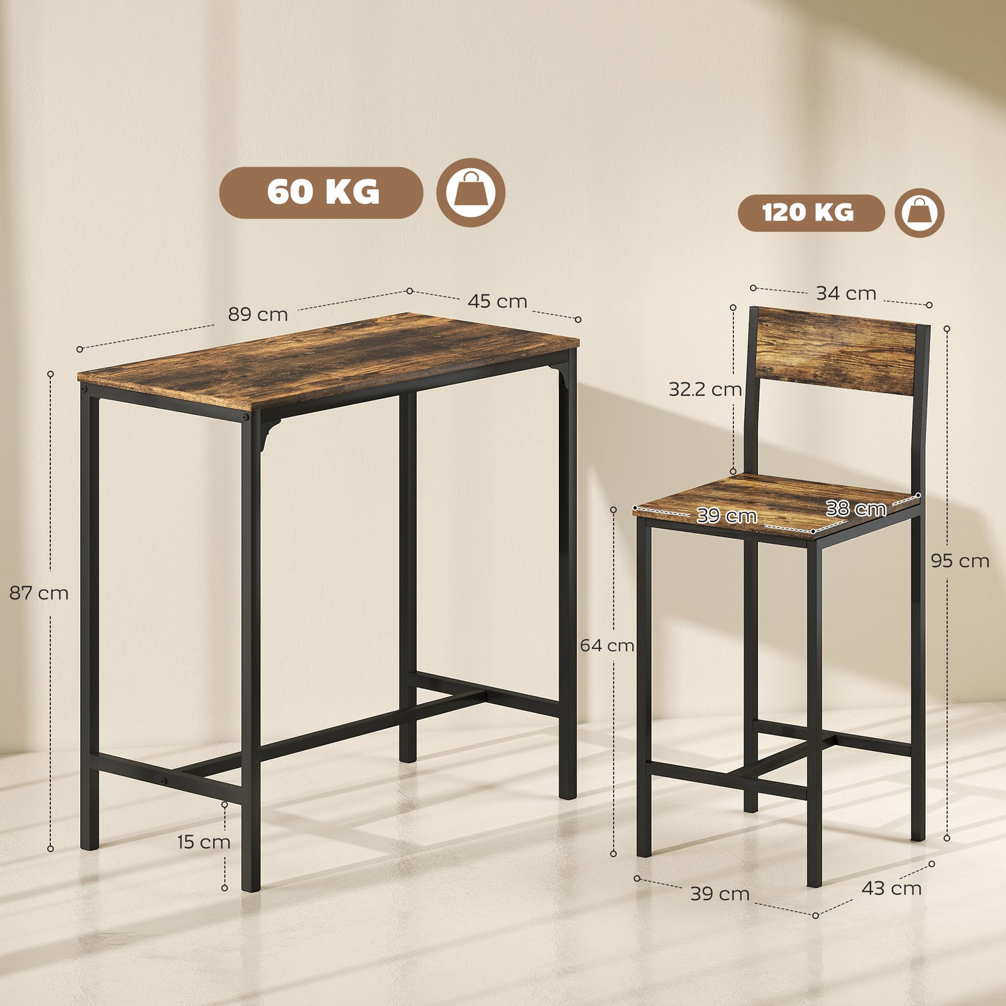 3-Piece Bar Table Set With 2 Stools, Industrial Breakfast Bar Set With Footrest, Backrest For Dining Room, Small Space