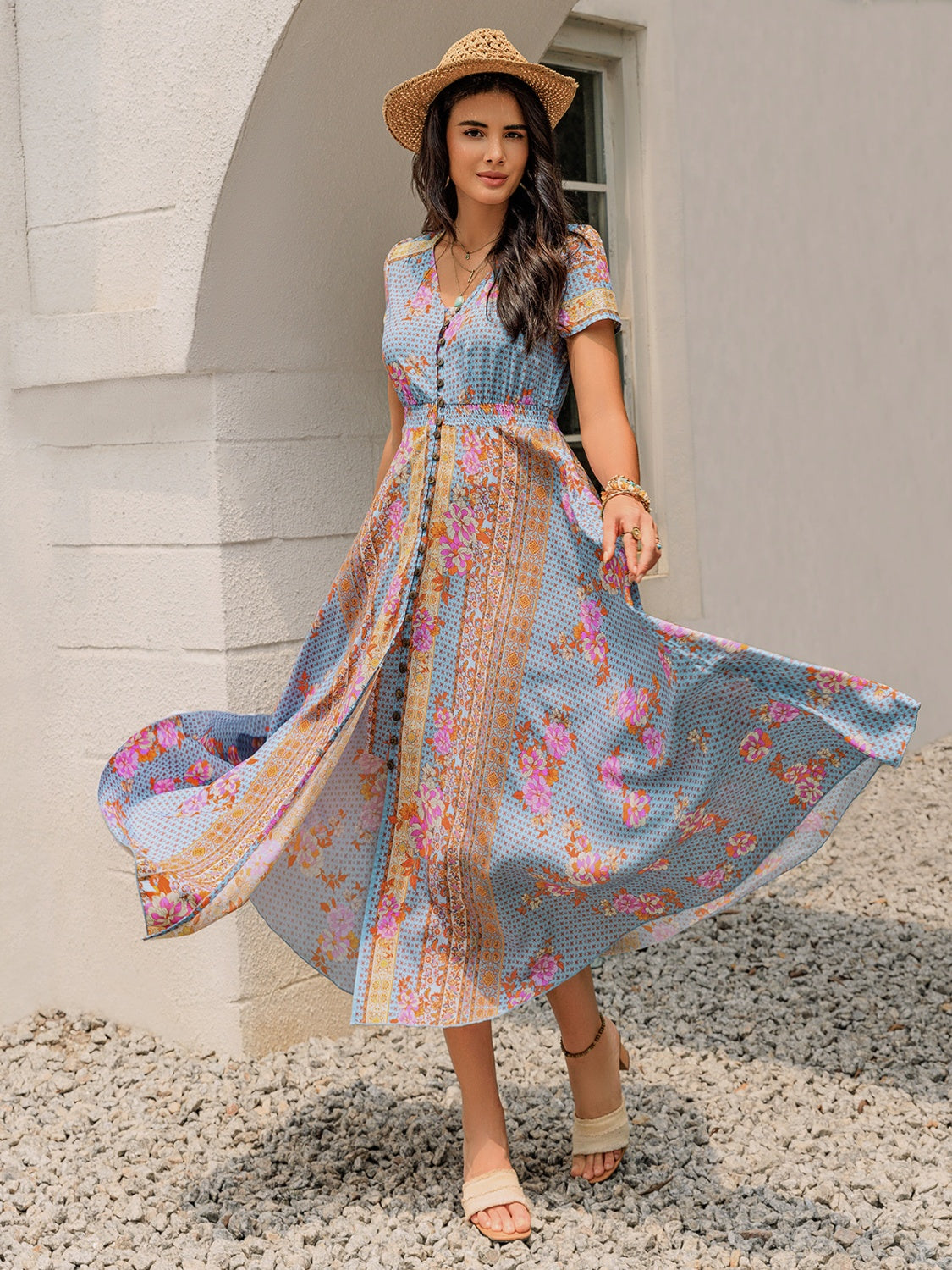 Smocked Floral V-Neck Short Sleeve Midi Dress