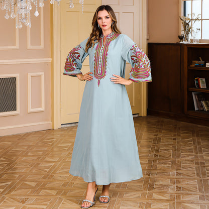 Middle Eastern Muslim Embroidered Long Robe for Women Dubai Turkish Luxury Evening Dress Maxi Dress