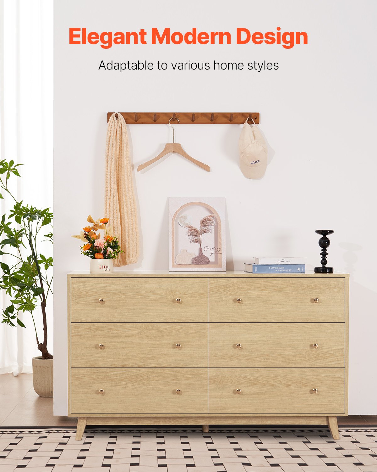 6 Drawer Dresser, Wooden Chest Of Drawers With Sliding With Anti-tip Device, Modern Minimalist Dresser Chest, Closet Storage Organizer For Living Room, Hallway, Bedroom, Entryway, Light Wood
