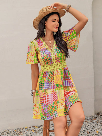 Crochet Trim Printed V-Neck Short Sleeve Mini Dress