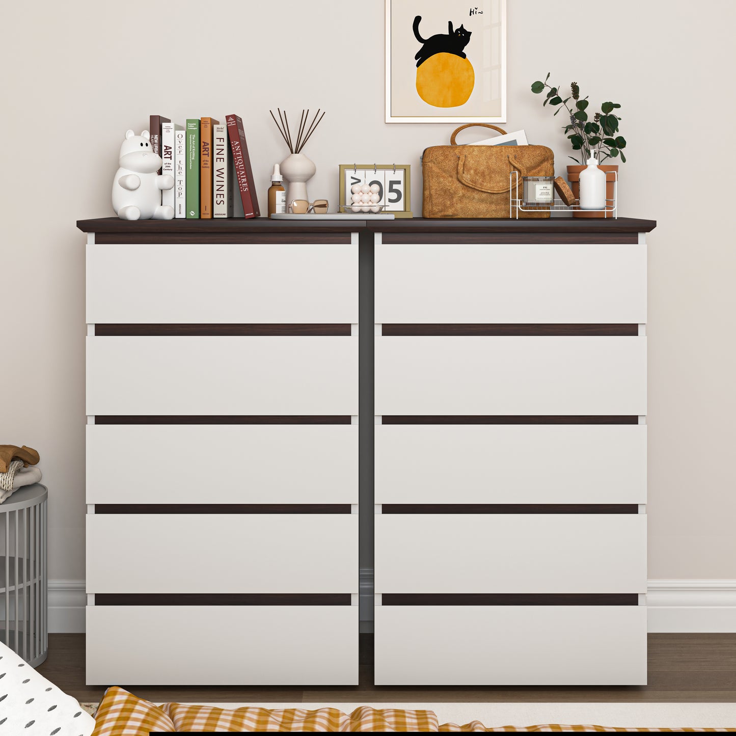 5 Drawer Dresser For Bedroom,  Modern Closet Dressers Chest Of Drawers, White & Walnut Color Storage Dresser Chest Cabinet Organizer Unit