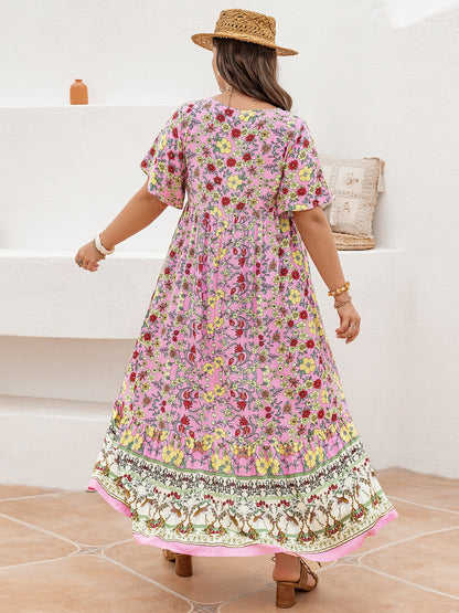 Plus Size Floral Tie Neck Flutter Sleeve Maxi Dress