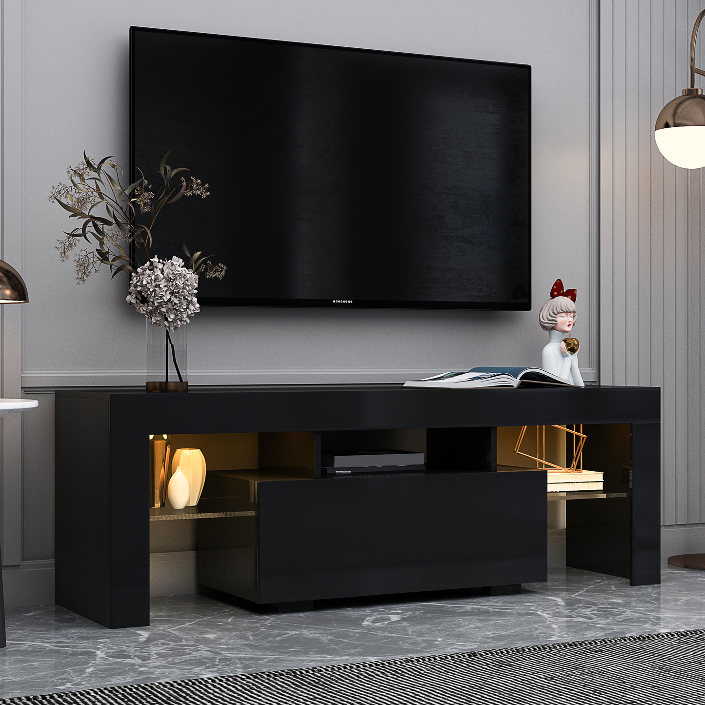 Black TV Stand With LED RGB Lights,Flat Screen TV Cabinet, Gaming Consoles - In Lounge Room, Living Room And Bedroom Black