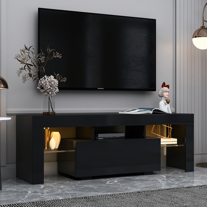 Black TV Stand With LED RGB Lights,Flat Screen TV Cabinet, Gaming Consoles - In Lounge Room, Living Room And Bedroom Black