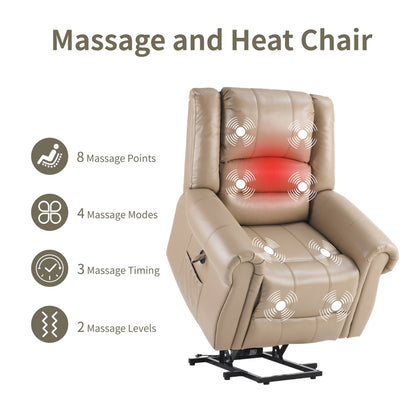 Power Lift Recliner Chair With Massage & Heat, Single Motor Lift Chair, Breathable PU Faux Leather, USB & Type-C, Side Pockets, Light Brown