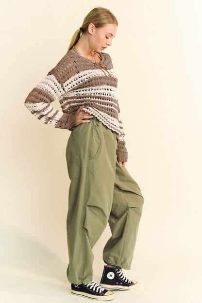 Back To School Sweater - Davi & Dani Contrast Striped Crochet Drop Shoulder Knit Cover Up