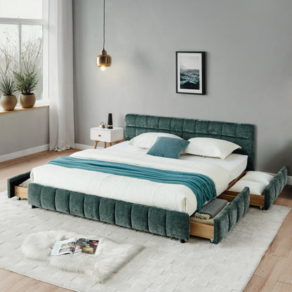 California King Size Upholstered Bed ,comfortable Upholstered Bed Frame, Chenille Fabric, With Headboard And Solid Bed Frame. With Drawer For Storage.-Blue Green 90.5x80.5x31
