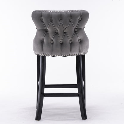 AA Furniture,Contemporary Velvet Upholstered Wing-Back Barstools With Button Tufted Decoration And Wooden Legs, And Chrome Nailhead Trim, Leisure Style Bar Chairs,Bar Stools, Set Of 2 Gray,SW1824GY
