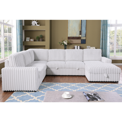 122 Inch Pull Out Couch, Rabbit Plush Fabric Sofa Bed & Comfy Upholstered, Oversized U Shape Sectional Sleeper Sofa Bed With Storage Chaise,GRAYISH WHITE