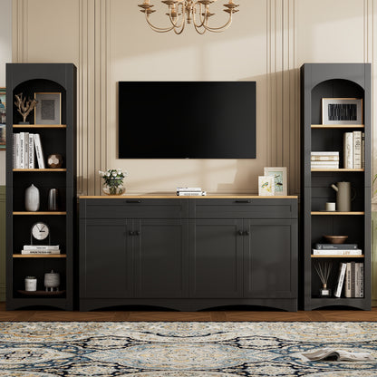 ON-TREND 3-Piece Farmhouse Entertainment Center With Storage Cabinet For TVs Up To 70, Mid-Century TV Stand With Bookshelf, Rustic Versatile Sideboard With Adjustable Shelves For Living Room, Black