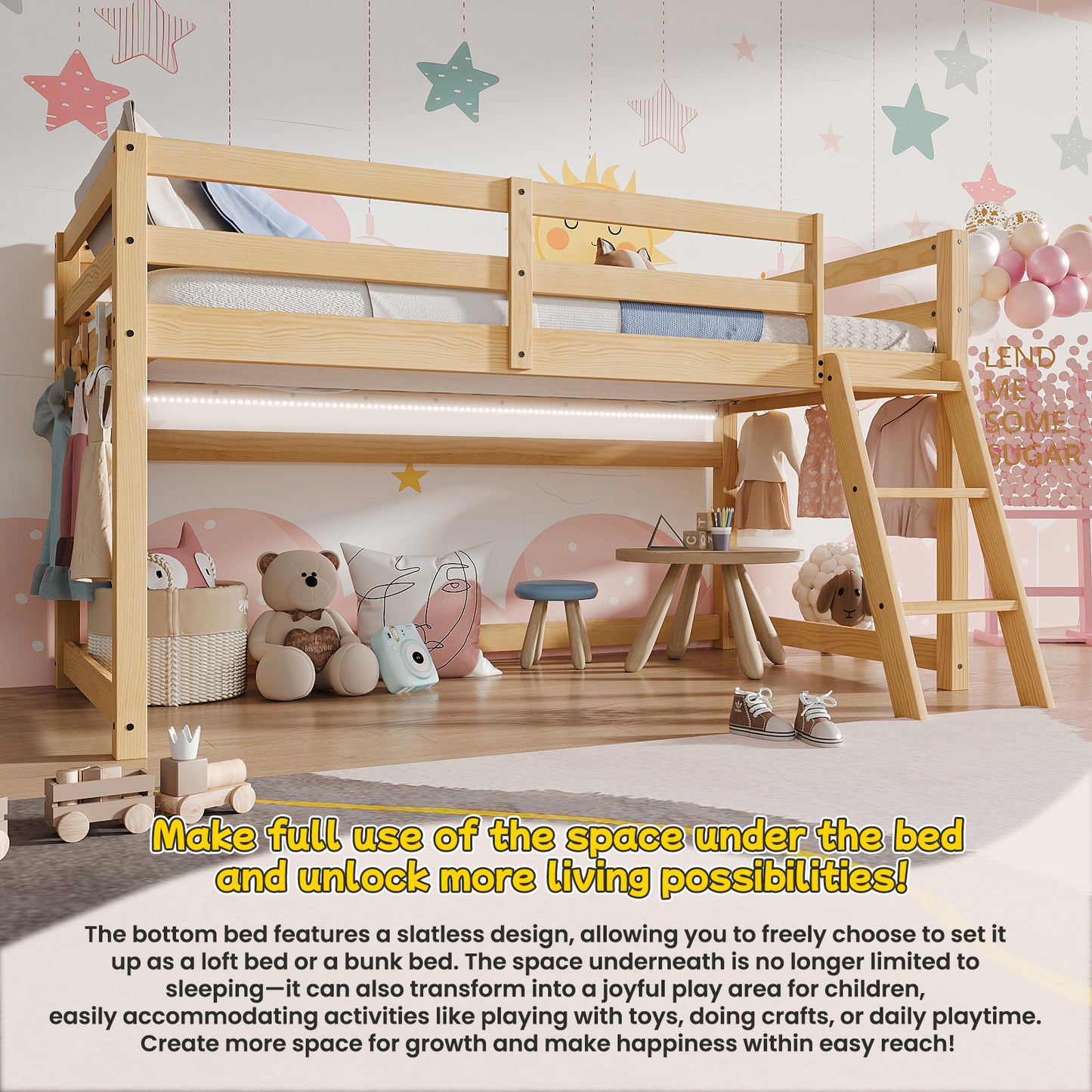 Kids Twin Low Loft Bed - Convertible To Bunk Bed, Solid Wood Modern Bed Frame With LED Strip Lighting, OAK.