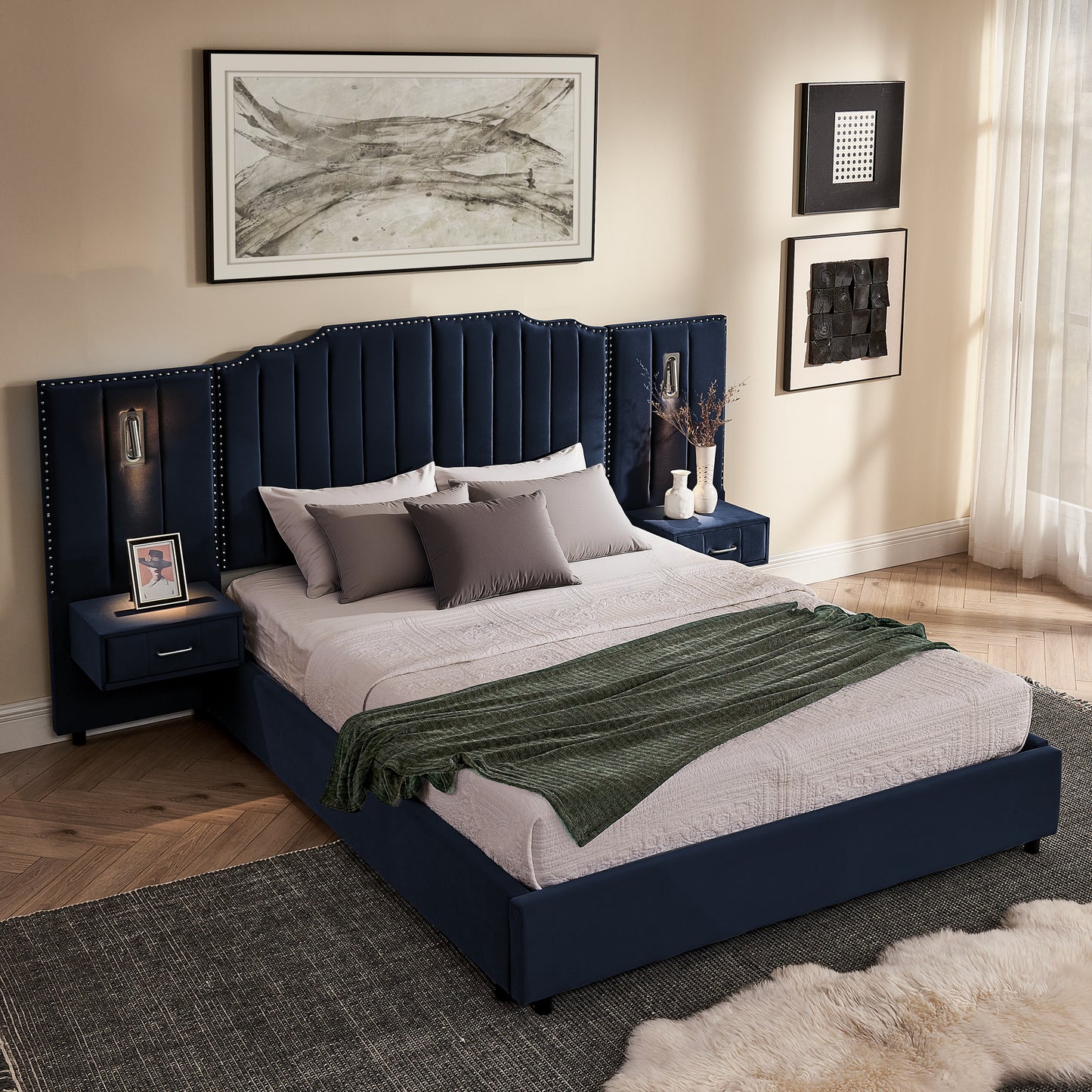 Queen Size Upholstered Bed Frame With Velvet Fabric, Vertical Stripe Design With Buttons Around  Platform Bed With Headboard, Solid Frame & Bedside Table - No Box Spring Needed-Dark Blue