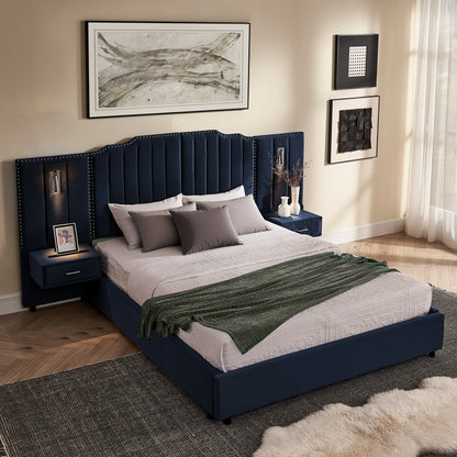 Queen Size Upholstered Bed Frame With Velvet Fabric, Vertical Stripe Design With Buttons Around  Platform Bed With Headboard, Solid Frame & Bedside Table - No Box Spring Needed-Dark Blue