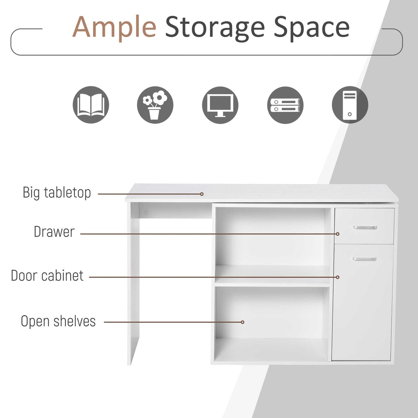 L Shaped Computer Desk, 180° Rotating Corner Desk with Storage Shelves, Drawer and Cabinet, Study Workstation for Home Office, White