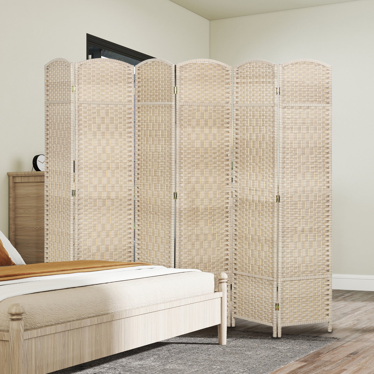 Folding Room Divider Screen 6 Panel 6' Tall Privacy Screen Freestanding Wood Partition for Home Office, Washed Oak