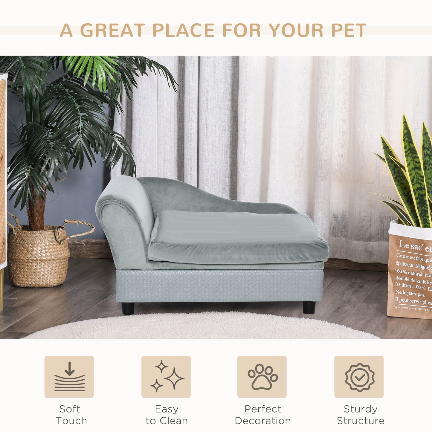 Luxury Dog Bed For Small Dogs, Hidden Storage, Soft Foam Couch, Modern Pet Furniture, Gray