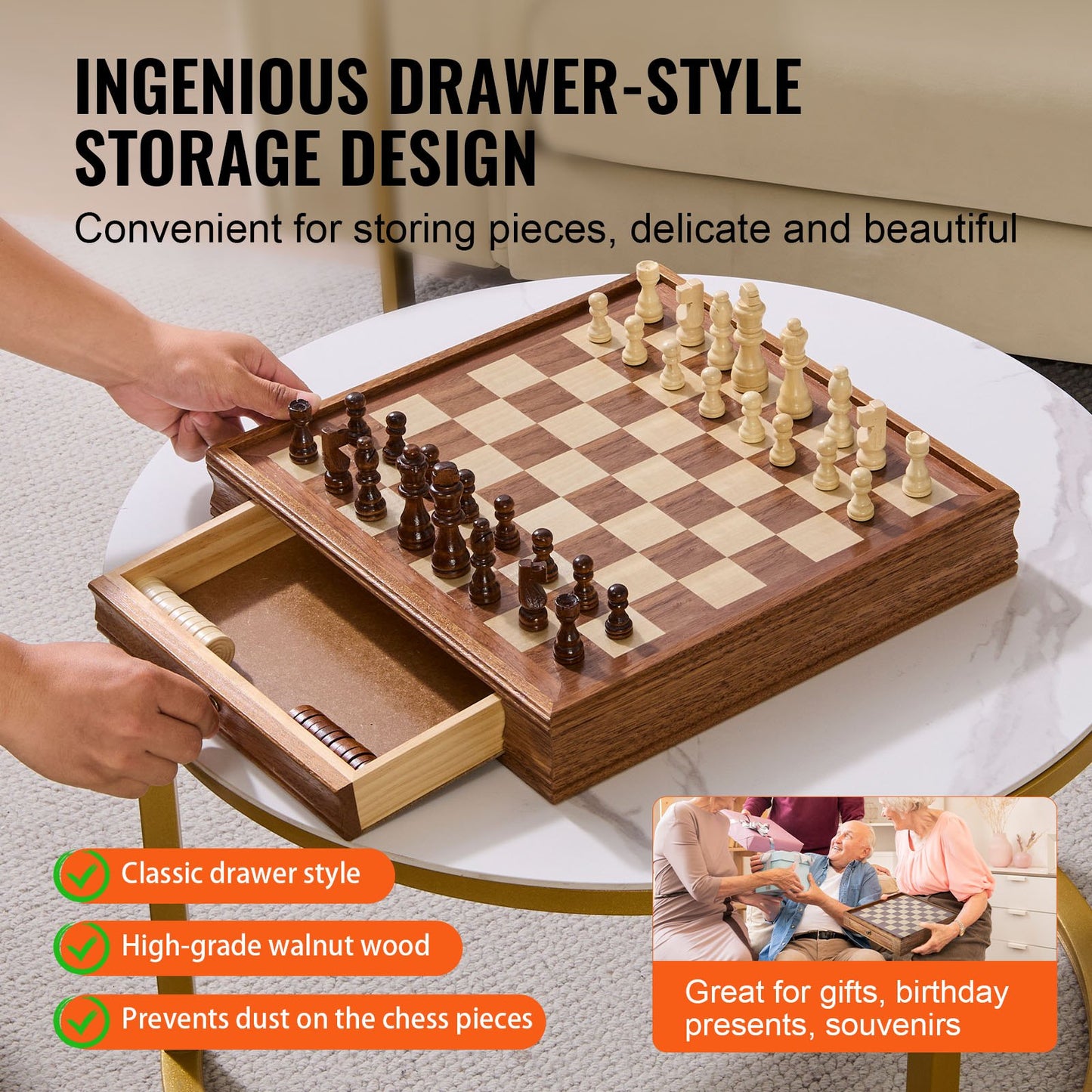 Solid Wood Chess Set, 15 Inch  2-IN-1 Chess Checkers Game Set, Chess Board Games With Storage Drawer & Weighted Chess Checkers Pieces & 2 Queens, For Adults Kids Tournament Professional Beginner