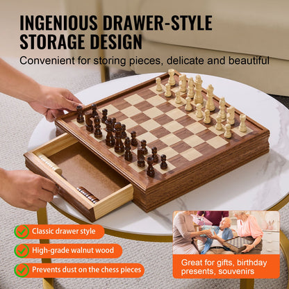 Solid Wood Chess Set, 15 Inch  2-IN-1 Chess Checkers Game Set, Chess Board Games With Storage Drawer & Weighted Chess Checkers Pieces & 2 Queens, For Adults Kids Tournament Professional Beginner