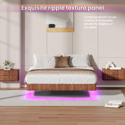 Walnut Queen Floating Bed Frame With LED Lights, Wave Curve Wood Texture Bed With Heavy Duty Metal Slats - No Box Spring Needed.