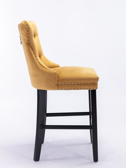 Contemporary Velvet Upholstered Barstools With Button Tufted Decoration And Wooden Legs, And Chrome Nailhead Trim, Leisure Style Bar Chairs,Bar Stools, Set Of 2 Golden,SW2002GL