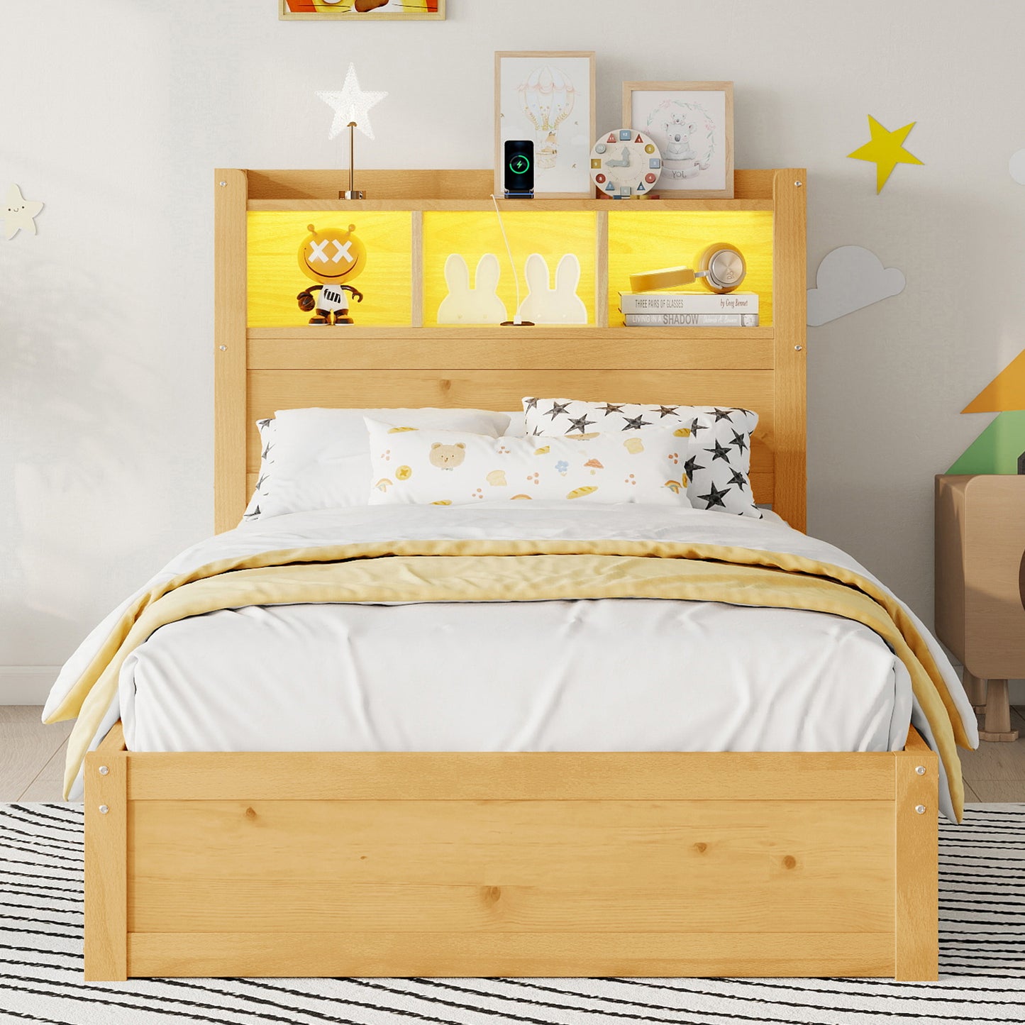 Twin Size Bed With Drawers, Wood Twin Bed With Storage Headboard And Pull Out Storage Cabinet, Wood Bed With Light And Socket, Natural Expect Arrival Date 2026 2 10