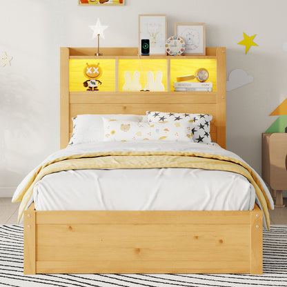 Twin Size Bed With Drawers, Wood Twin Bed With Storage Headboard And Pull Out Storage Cabinet, Wood Bed With Light And Socket, Natural Expect Arrival Date 2026 2 10