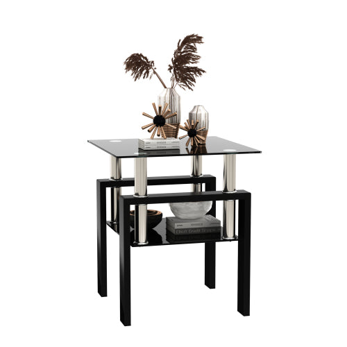 1-Piece Modern Tempered Glass Tea Table Coffee Table End Table, Square Table For Living Room, Black