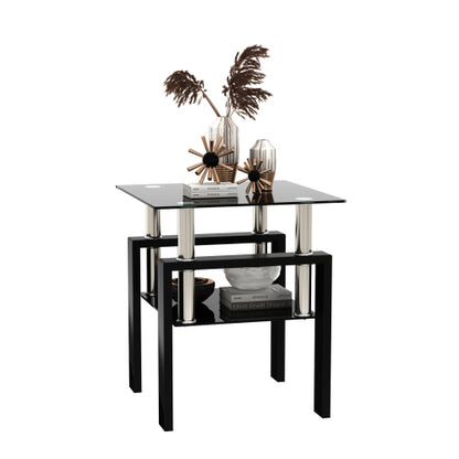 1-Piece Modern Tempered Glass Tea Table Coffee Table End Table, Square Table For Living Room, Black