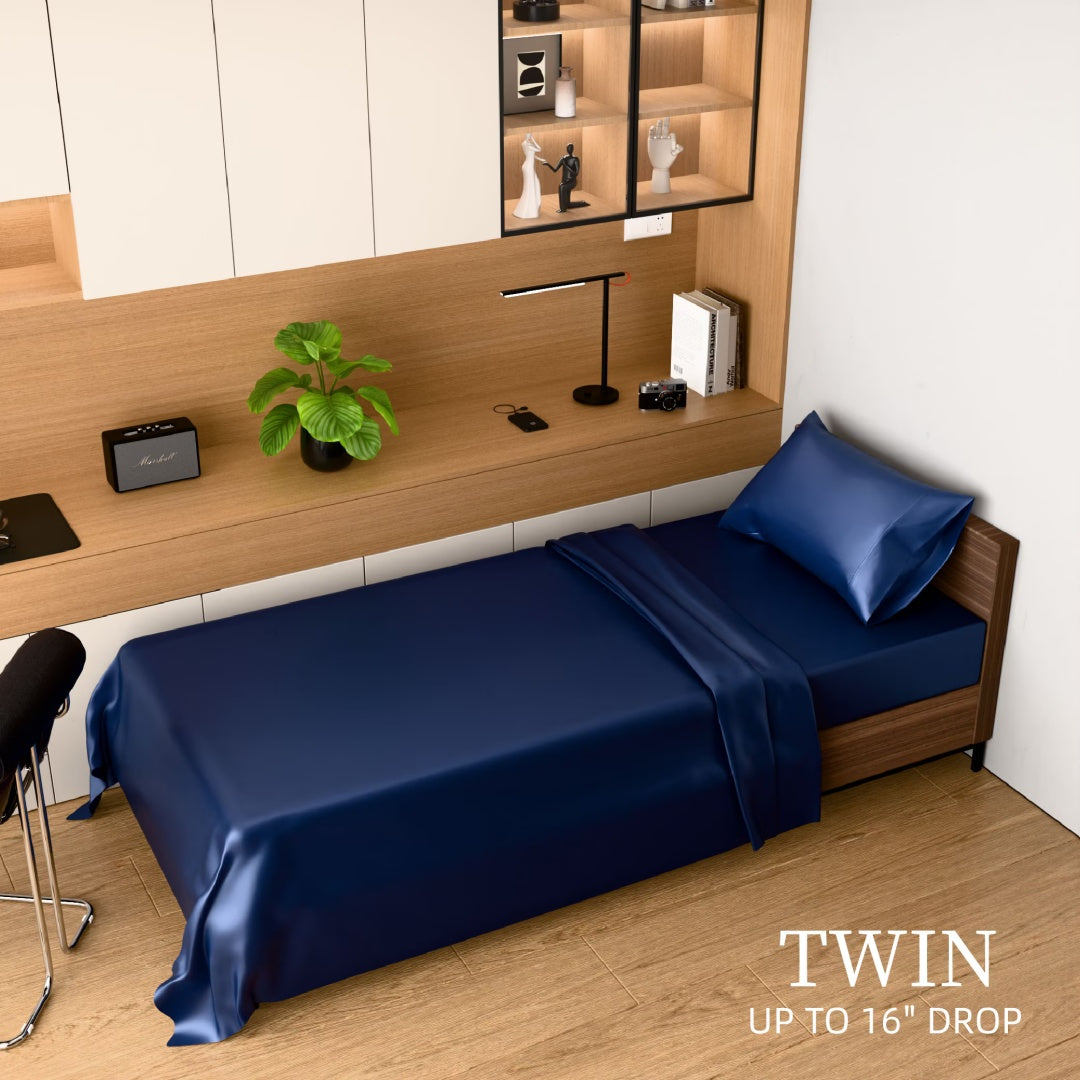 Satin Bed Sheets, Twin Size Sheets Set, 3 Pcs Silky Bedding Set With 15 Inches Deep Pocket For Mattress Twin, Navy Blue