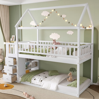 TWIN TWIN HOUSE BUNK BED WITH SHELVES AND DRAWERS FOR WHITE COLOR