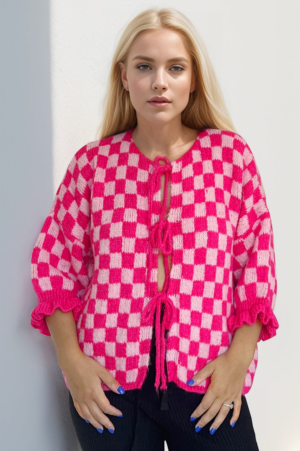 Back To School Sweater - Double Take Tied Checkered Dropped Shoulder Flounce Sleeve Cardigan